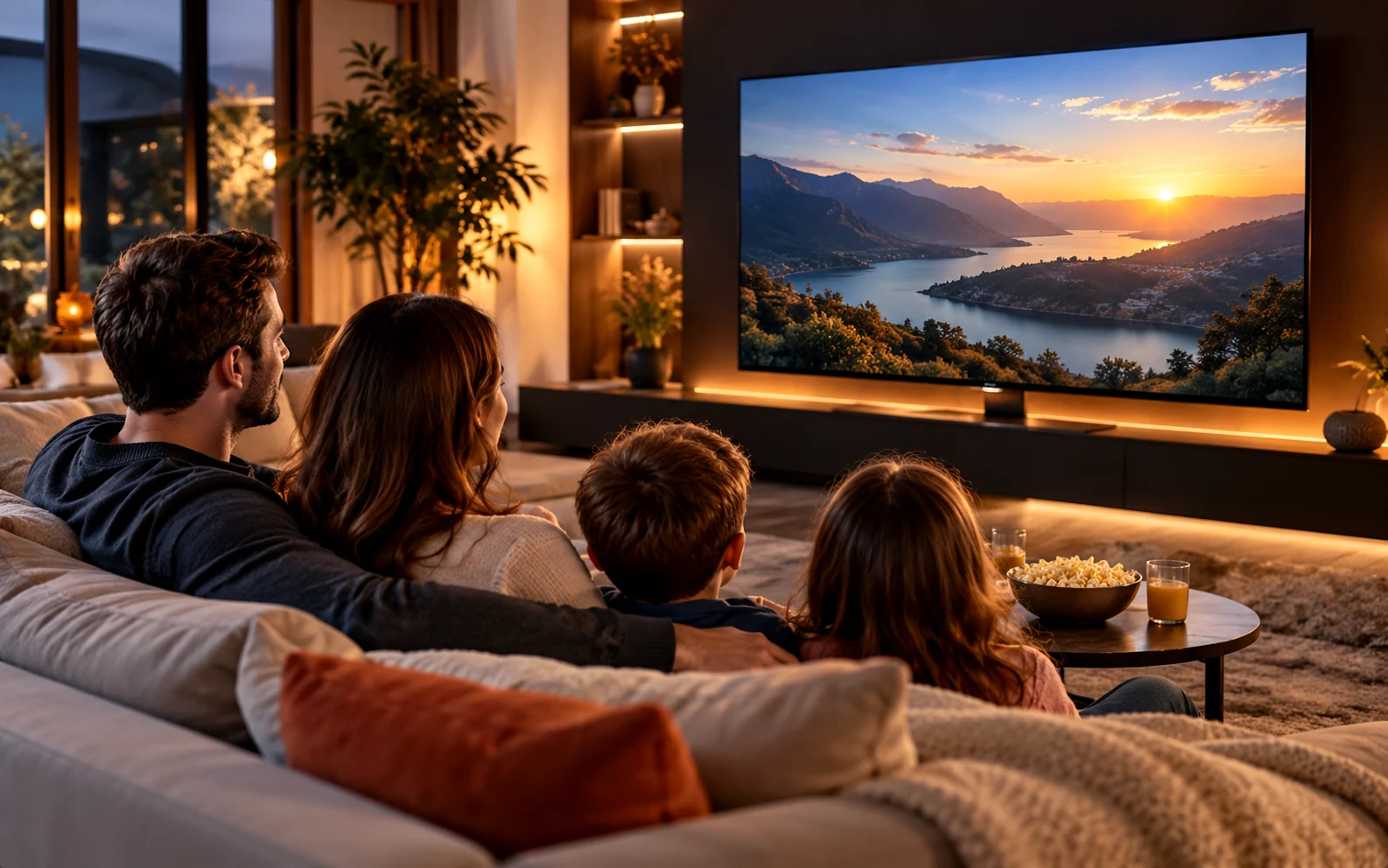 Family sitting together on a comfortable sofa watching television in a warm living room